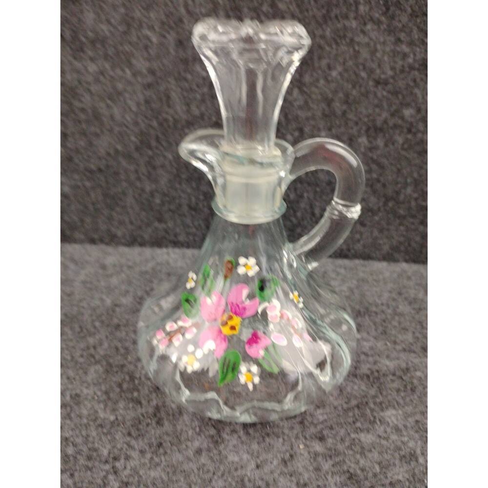 1950s Vintage Anchor Hocking Glass Cruet Hand Painted w Glass Stopper 5.5 Inch